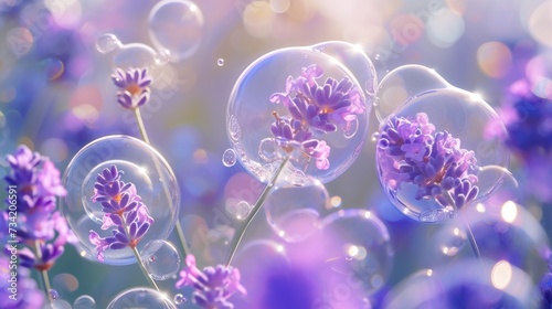  a bunch of bubbles floating on top of a field of purple flowers with bubbles floating on top of them and purple flowers in the middle of the bubbles are floating on top of the.
