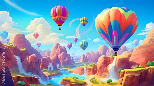 Whimsical hot air balloons shaped like mythical creatures soaring over a psychedelic canyon filled with floating islands and rainbow-colored geysers
