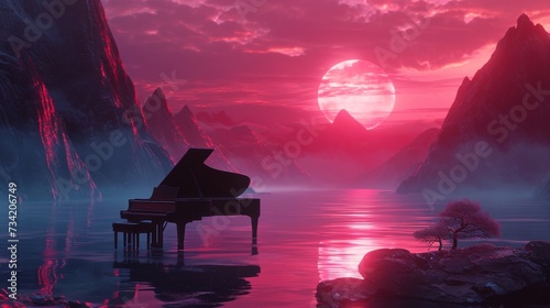 Fantasy landscape with a grand piano on a lake in the mountains