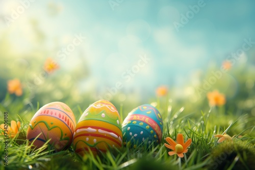 Decorated Easter eggs among grass and flowers