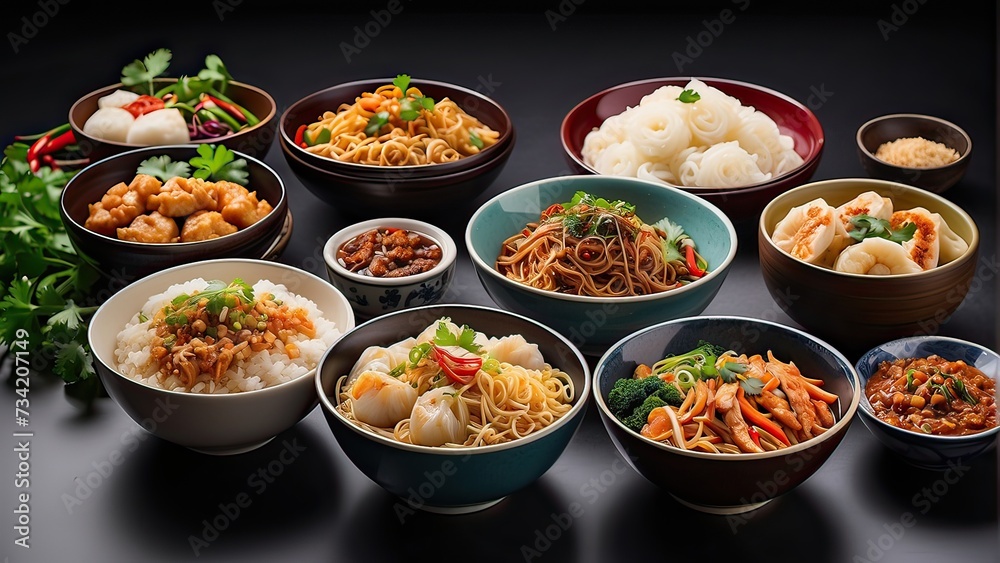 various Asian foods presented in bowls. Showcase a diverse array of dishes such as noodles, rice, dumplings, and stir-fries