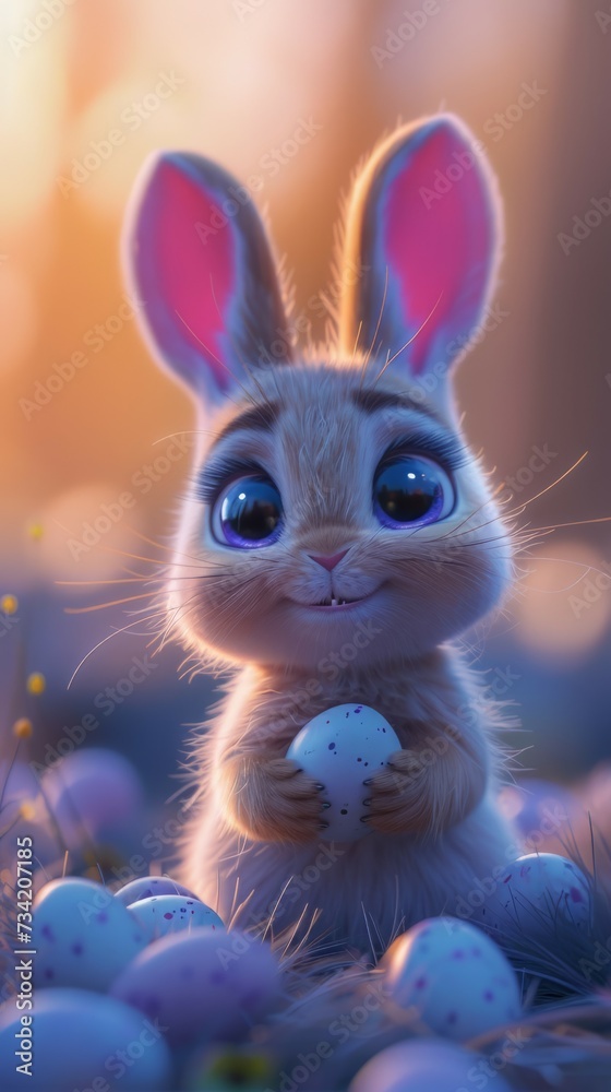 bunny ears and colored egg in a grass background. Easter bunny rabbit with colorful easter eggs on a sunny spring day. Easter egg hunt concept. Generative ai