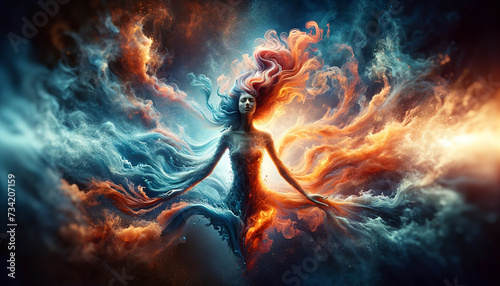 A digital painting of a mythic figure embodying both fire and water elements, with swirling hair and dynamic elemental forces converging around her.The concept of balance.AI generated.