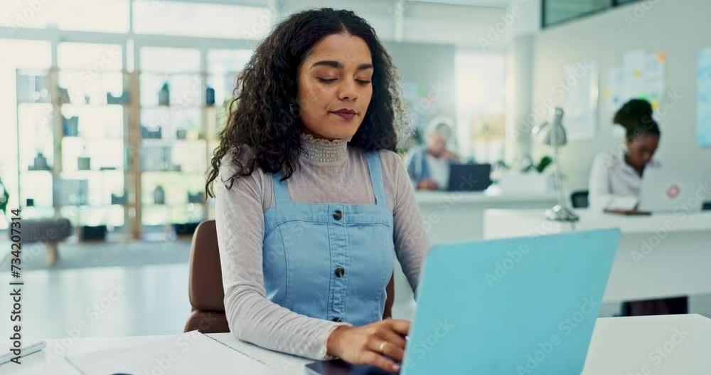 Laptop, business woman and thinking, idea and problem solving for solution in startup office. Computer, planning and creative professional writer with inspiration, brainstorming and typing email