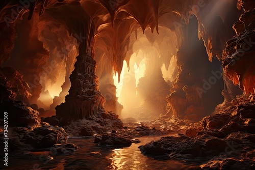 Magic cave with stalactites and gently illuminated stalagmites., generative IA