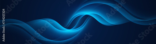 Dark blue abstract background with glowing wave. Shiny blue gradient flowing curve shape. Elegant wavy design element. Modern graphic. Futuristic technology concept. Vector illustration