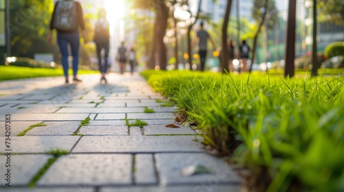 Sidewalk lined with thriving plants and trees in a sustainable urban setting, promoting eco-friendly living and pedestrian health through a well-designed walkway.