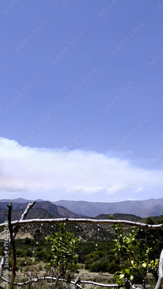 Panoramic view of a vast wildfire smoke rising into the blue sky over mountains in the countryside on a sunny day (climate change) (Curacaví, Chile)