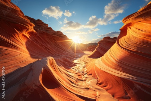 Dry canyon bed, sand waves and stone., generative IA © JONATAS