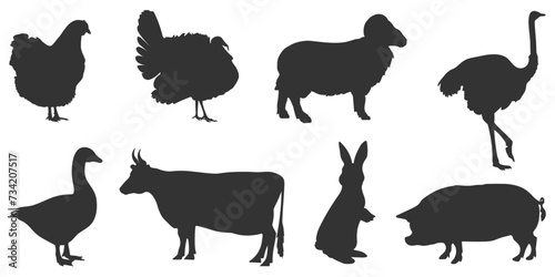 Monochrome illustration of farm animals and birds. Gray silhouettes on white background. Vector EPS 10