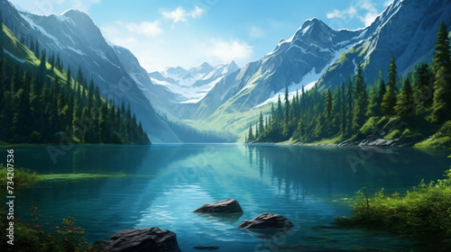 A breathtaking landscape of a shimmering blue lake