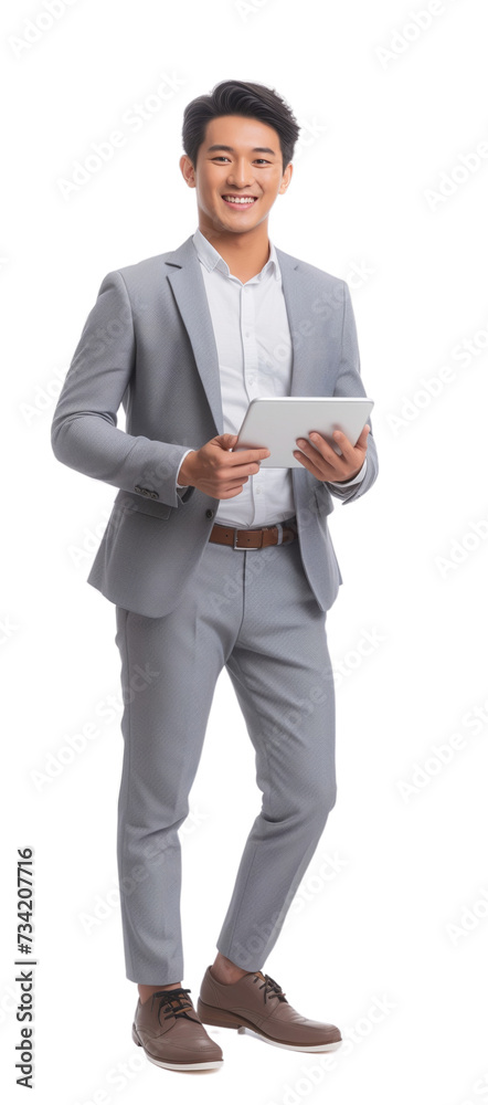 Full length Portrait of a smiling Asian businessman tablet isolate background
