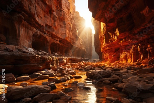 Canyon at dawn, golden light on the walls., generative IA