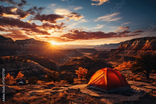 Isolated camp overlooking canyon at sunset.  generative IA
