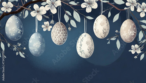 Navy blue Easter background with flowers and Easter eggs hanging at the top  © Monika