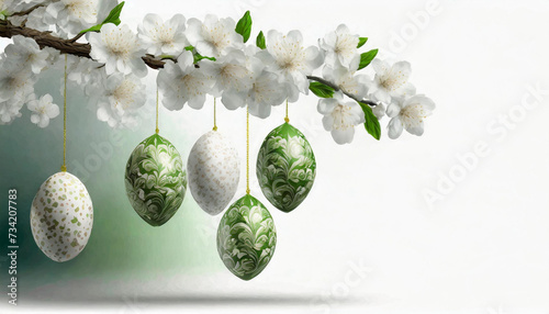Wielkanocne, białe tło z ozdobnymi zielonymi i białymi pisankami zawieszonymi na gałązce pokrytej białymi kwiatami © Monika