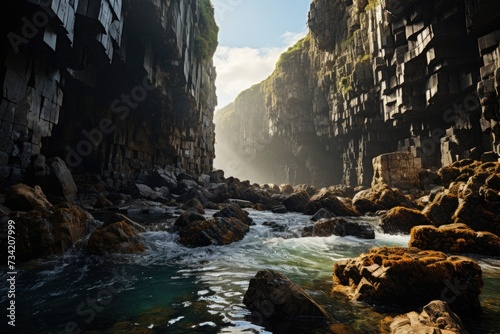 Rocky canyon with spectacular water drop.  generative IA