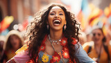 African woman smiling, enjoying outdoors, celebrating with friends at music festival generated by AI