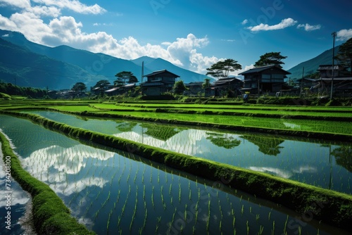 Symmetrical rice plantations in flooded field.  generative IA