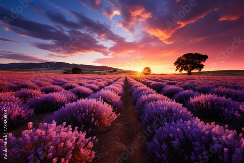 Lavender field in flower under blue sky., generative IA © JONATAS