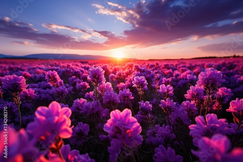 Lavender field in flower under blue sky., generative IA