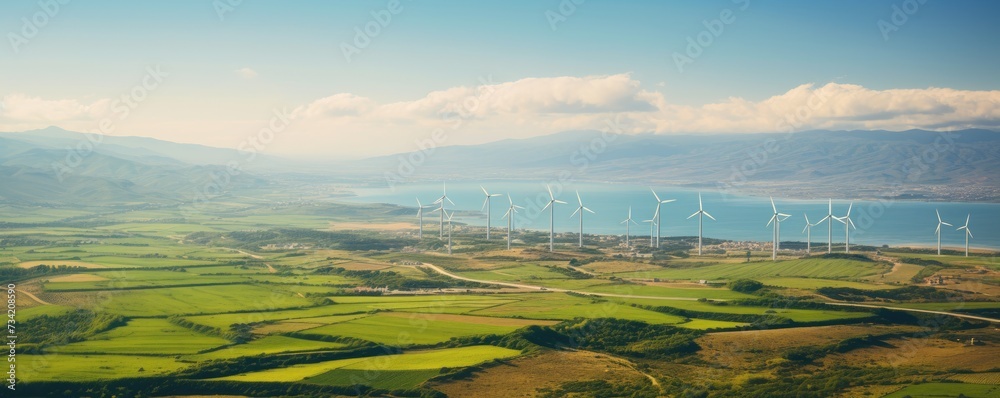 Wind turbines in beautiful landscape, production of clean and renewable energy, renewable and green energy concept - obrazy, fototapety, plakaty 