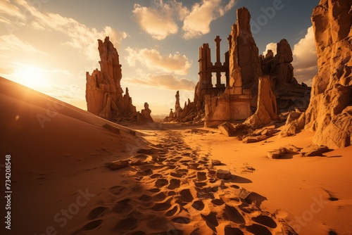 Mysterious ruins appear in the desert., generative IA