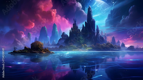 Enchanted floating islands bathed in a neon aurora with creatures riding luminescent waves, casting vibrant reflections on the dreamy water © Graphica Galore
