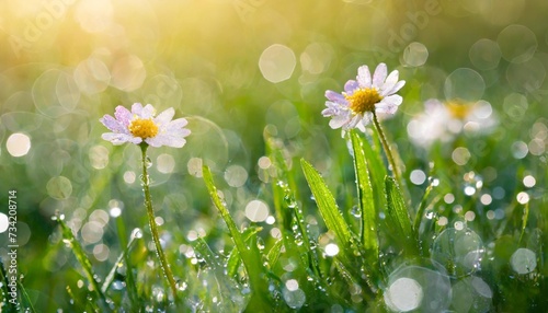 morning dew on green grass and flowers in spring nature landscape abstract macro bokeh blur
