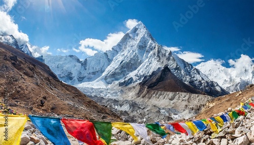 colorful prayer flags on the everest base camp trek in himalayas nepal
