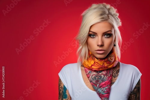 Young woman with face and neck tattoos serious face portrait