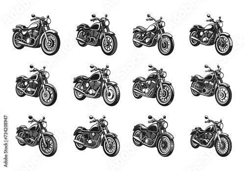 Classic road motorcycle icons set in black simple style. Bike symbols isolated on white background. Vector EPS 10 photo