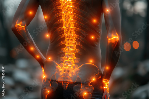 Lumbar pain, intervertebral spine hernia, man with back pain, spinal disc disease, health problems concept