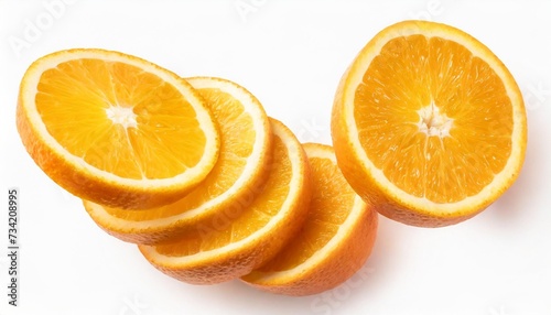 falling fresh orange fruit slices isolated over white background closeup flying food concept top view flat lay orange slice inr without shadow