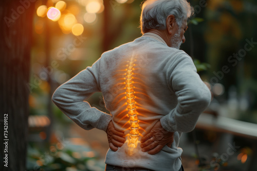 Lumbar intervertebral spine hernia, old man with back pain outdoors, spinal disc disease, health problems concept photo