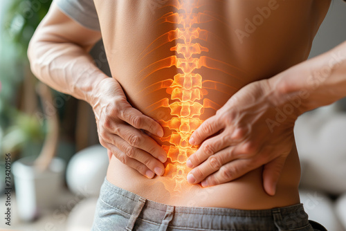 Lumbar intervertebral spine hernia, man with back pain at home, spinal disc disease, health problems concept