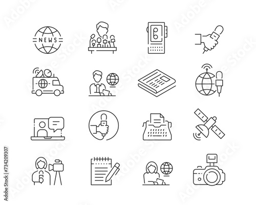 News and Journalism Icon collection containing 16 editable stroke icons. Perfect for logos, stats and infographics. Edit the thickness of the line in Adobe Illustrator (or any vector capable app).