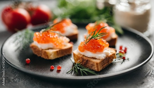 closeup of appetizers toast with salmon and lumpfish roe in a black plate