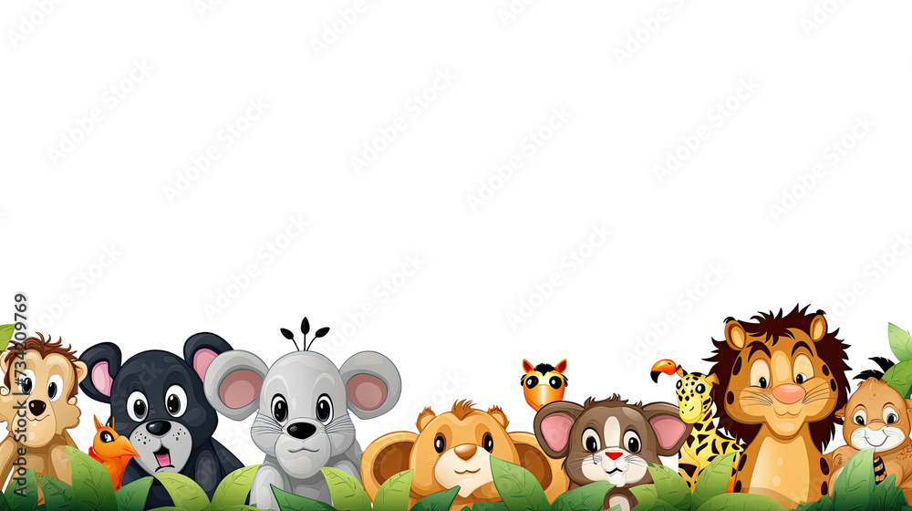 Naklejka premium Background with different animals, Illustartion style, giraffe, elephant, tiger,mouse, cat,dog