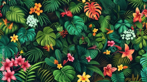  a bunch of tropical plants and flowers with green leaves and red, yellow, pink, orange, and white flowers on a black background of green, red, orange, yellow, pink, and white.