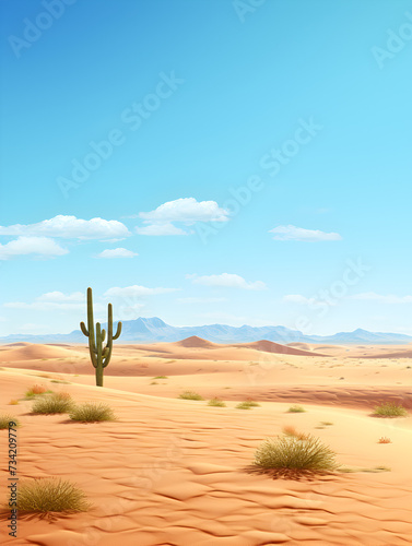 Desert sandy landscape with cactuses, mountains and blue sky 