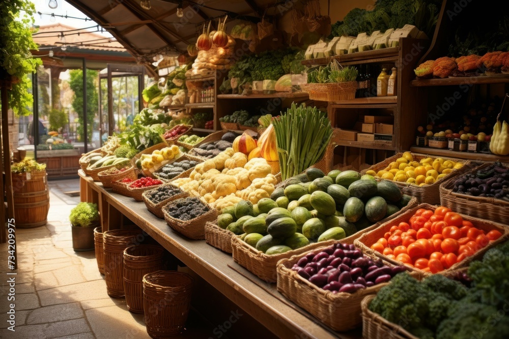 Eco-friendly Organic vegetable products market department. Vitamins grocery section in grocery supermarket. Generate ai