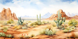 Watercolor illustration of desert sandy landscape with cactuses, mountains and blue sky