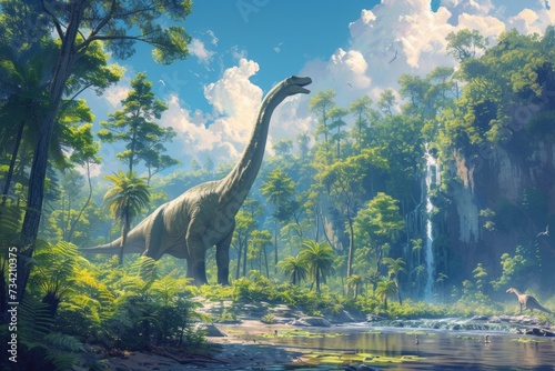 Prehistoric scene with a majestic sauropod dinosaur towering among the lush ferns and towering trees, beside a tranquil river with a cascading waterfall in the background
