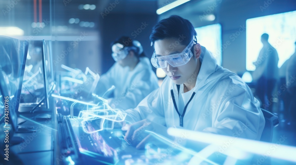Data scientists work in a modern office of a technology company on the development of a quantum computer. Science, technology, big data and blockchain concept. Data scientists work in a modern office of a technology company on the development of a quantum computer. Science, technology, big data and blockchain concept.