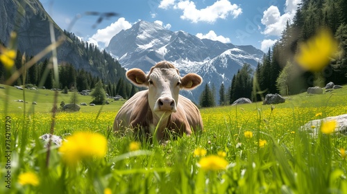 Cow in a meadow in the Alpine mountains. Milk production. photo