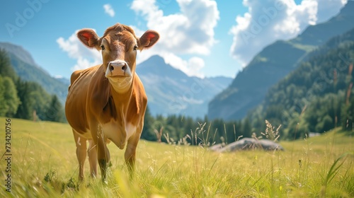 Cow in a meadow in the Alpine mountains. Milk production.