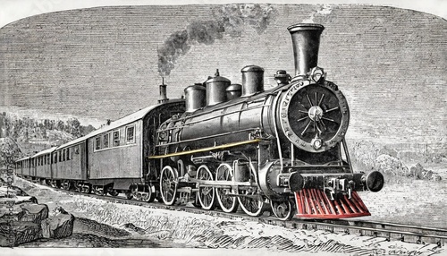 antique locomotive steam train antique engraved illustration from brockhaus konversations lexikon 1908 photo