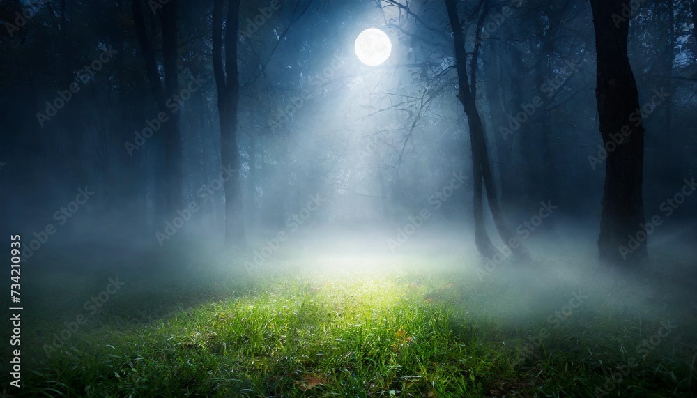 moonlight through the mist in the spooky night forest create a spotlight on the grass halloween backdrop