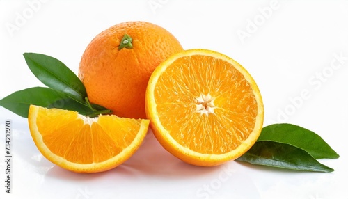 orange with sprig and sliced oranges on white background